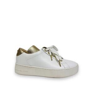 MICHAEL KORS White Gold Leather Irving Floral Accent Logo Lace Up Sneakers 6.5